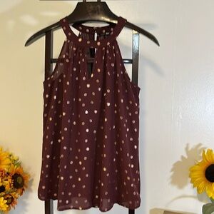PaperMoon women’s size M burgundy w gold & silver circles, short sleeve blouse